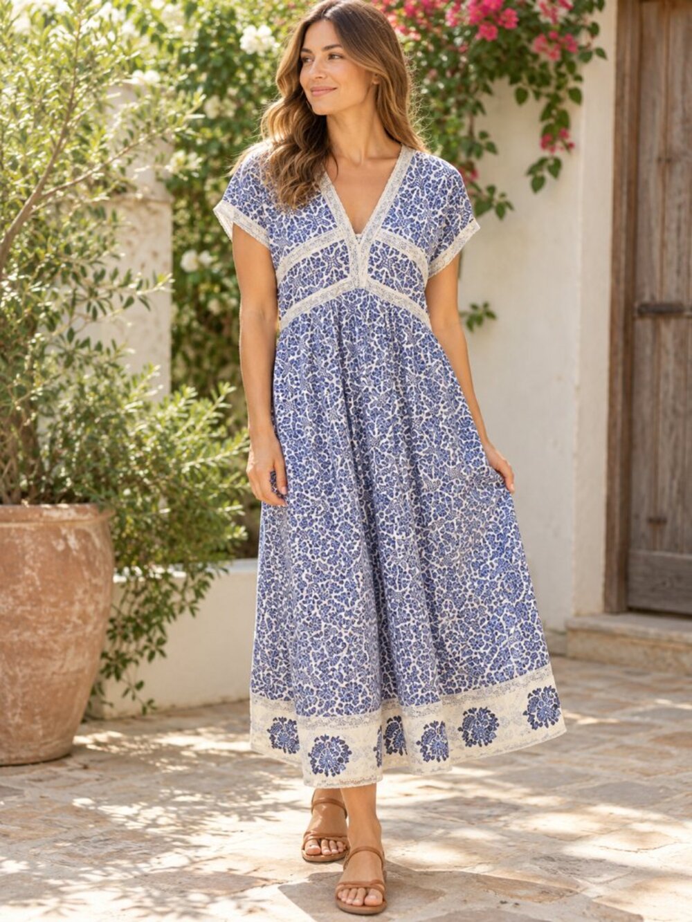 Matta NY Kheera Tindora Dress L Cotton Block Print Boho Midi Blue/White
